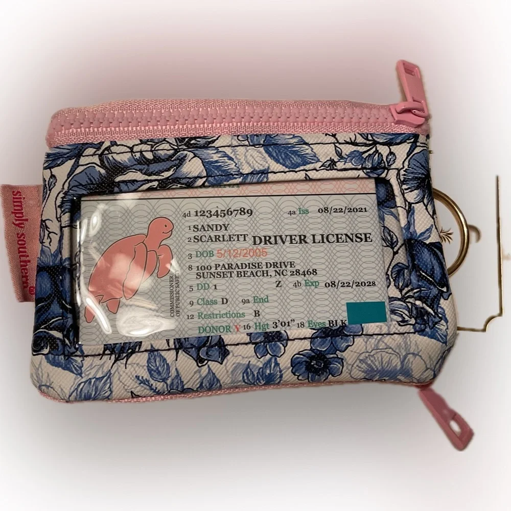 Simply Southern Blue Floral ID Holder with Duo Pink Zippers & outside pocket.